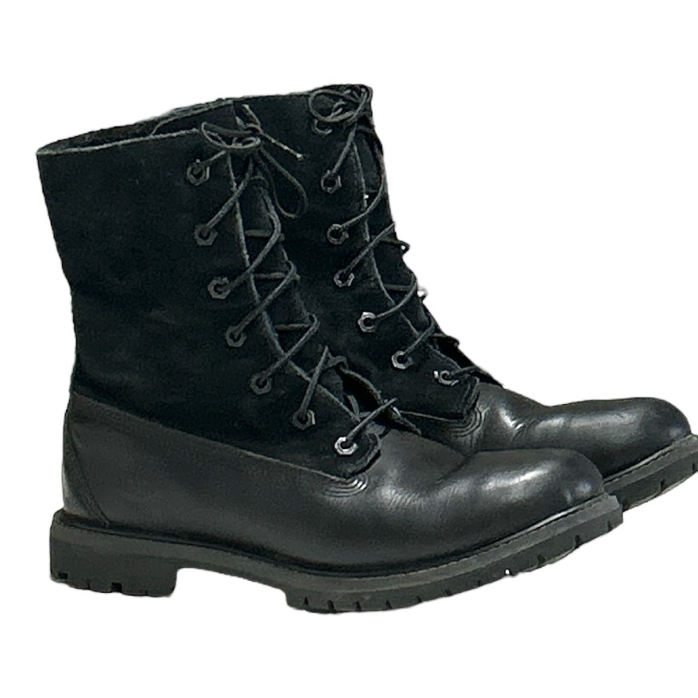 Timberland Black Leather Teddy Fleece Waterproof Fold Down Boots Lace Up Sz 9 - Picture 16 of 16